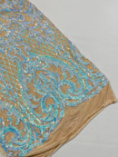 Heart Damask Sequins - Iridescent Aqua on Nude  - 4 Way Stretch Sequins Fabric By Yard