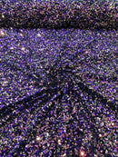Stretch Velvet Sequins Fabric - Iridescent Purple on Black - Velvet Sequins 2 Way Stretch 58/60” By Yard