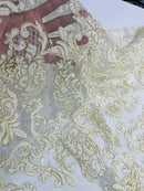 Beaded My Lady Damask Design - Ivory / Gold - Beaded Fancy Damask Embroidered Fabric By Yard