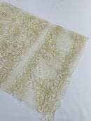 Beaded My Lady Damask Design - Ivory / Gold - Beaded Fancy Damask Embroidered Fabric By Yard