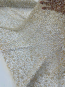 Beads and Sequins Lace - Ivory / Silver - Embroidered Beads and Sequins on Lace Mesh Fabric By Yard