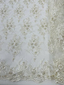 Beaded Flower Sequins Fabric - Ivory - Embroidered Beaded Floral Clusters Sequins Fabric By Yard