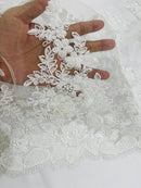 Corded Floral 3D Fabric - Ivory - Embroidered Floral Design on Lace Mesh Fabric by Yard