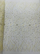 Wavy Leaf / Floral Bead Fabric - Ivory - Beaded Rhinestone Embroidered on a Mesh By Yard