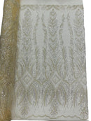 Beaded Lines Fabric - Ivory - Luxury Beads and Sequins Line Design Fabric By Yard
