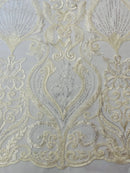 Damask Leaf Bead Fabric - Ivory - Heavy Beaded Embroidered Sequins Lace Fabric by Yard