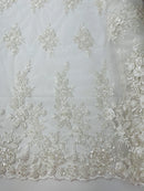 Beaded Rose Flower Fabric - Ivory - Embroidered Beaded Long Border Floral Fabric By Yard
