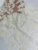 Beaded My Lady Damask Design - Ivory - Beaded Fancy Damask Embroidered Fabric By Yard