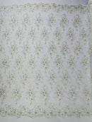 Beaded Flower Sequins Fabric - Ivory - Embroidered Beaded Floral Clusters Sequins Fabric By Yard