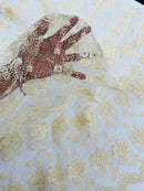 Embroidered Flower Fabric - Ivory - Floral Design Scalloped Border Fabric By Yard