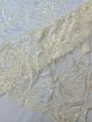 Damask Leaf Bead Fabric - Ivory - Heavy Beaded Embroidered Sequins Lace Fabric by Yard