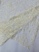 Butterfly Bead Sequins Fabric - Ivory - Damask Beaded Sequins Lace Fabric by the yard