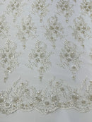 Beaded Flower Sequins Fabric - Ivory - Embroidered Beaded Floral Clusters Sequins Fabric By Yard