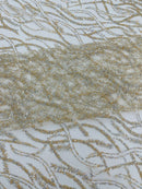 Glitter Wavy Bead Fabric - Ivory - Sequins, Bead, Glitter Design on Lace Fabric By Yard
