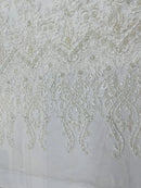 Damask Bead Fabric - Ivory - Embroidered Glamorous Fabric with Round Beads Sold By Yard