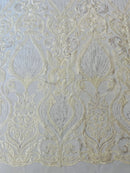 Damask Leaf Bead Fabric - Ivory - Heavy Beaded Embroidered Sequins Lace Fabric by Yard
