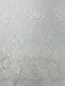 Corded Floral 3D Fabric - Ivory - Embroidered Floral Design on Lace Mesh Fabric by Yard