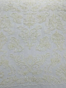 Beaded My Lady Damask Design - Ivory - Beaded Fancy Damask Embroidered Fabric By Yard