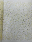 Wavy Leaf / Floral Bead Fabric - Ivory - Beaded Rhinestone Embroidered on a Mesh By Yard