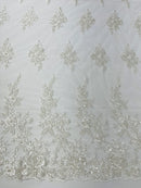 Beaded Rose Flower Fabric - Ivory - Embroidered Beaded Long Border Floral Fabric By Yard