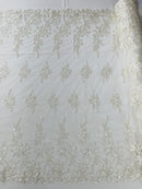 Beaded Rose Flower Fabric - Ivory - Embroidered Beaded Long Border Floral Fabric By Yard