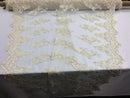 Beaded Floral Fabric - Ivory - Embroidered Flower Cluster Beaded Fabric Sold By Yard