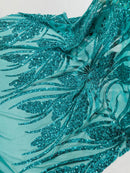 Wavy Leaf Sequins Fabric - Jade Green - Wavy Lines and Leaves Design on Lace Mesh Fabric by Yard