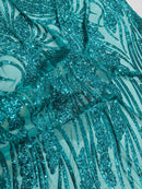 Wavy Leaf Sequins Fabric - Jade Green - Wavy Lines and Leaves Design on Lace Mesh Fabric by Yard