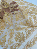 Beaded My Lady Damask Design - Khaki - Beaded Fancy Damask Embroidered Fabric By Yard