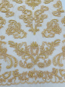 Beaded My Lady Damask Design - Khaki - Beaded Fancy Damask Embroidered Fabric By Yard
