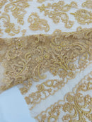 Beaded My Lady Damask Design - Khaki - Beaded Fancy Damask Embroidered Fabric By Yard