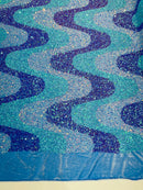 Wavy Line Velvet Sequins - Lavender / Mint / Clear Iridescent - Velvet Sequins 2 Way Stretch Fabric 58/60” By Yard