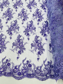 Beaded Flower Sequins Fabric - Lavender - Embroidered Beaded Floral Clusters Sequins Fabric By Yard