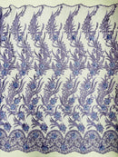 3D Floral Leaf Panels - Lavender - Embroidered 3D Flower Lines with Pearls on Lace By Yard