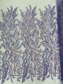 Floral Leaf Bead Sequins Fabric - Lavender - Leaf Nature Beaded Sequins Lace Fabric by the yard