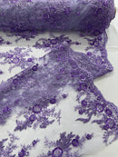Beaded Flower Sequins Fabric - Lavender - Embroidered Beaded Floral Clusters Sequins Fabric By Yard