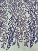 Floral Leaf Bead Sequins Fabric - Lavender - Leaf Nature Beaded Sequins Lace Fabric by the yard