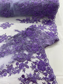 Beaded Rose Flower Fabric - Lavender - Embroidered Beaded Long Border Floral Fabric By Yard