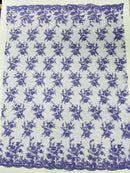 Embroidered Corded Lace Fabric - Lavender - Cluster Fancy Flower Embroidered Lace Fabric By Yard