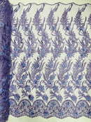 3D Floral Leaf Panels - Lavender - Embroidered 3D Flower Lines with Pearls on Lace By Yard
