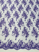 Beaded Flower Sequins Fabric - Lavender - Embroidered Beaded Floral Clusters Sequins Fabric By Yard