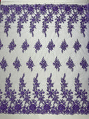 Beaded Rose Flower Fabric - Lavender - Embroidered Beaded Long Border Floral Fabric By Yard