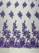 Beaded Rose Flower Fabric - Lavender - Embroidered Beaded Long Border Floral Fabric By Yard