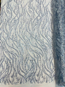 Floral Beaded Wavy Fabric - Light Blue - Beaded Sequins Wavy Embroidered Fabric Sold By Yard