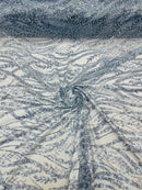 Floral Beaded Wavy Fabric - Light Blue - Beaded Sequins Wavy Embroidered Fabric Sold By Yard