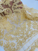 Beaded My Lady Damask Design - Light Gold - Beaded Fancy Damask Embroidered Fabric By Yard