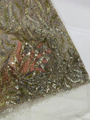 Beaded Fire Design Fabric - Light Gold - Fire Flame Design Sequins and Beads on Mesh by Yard