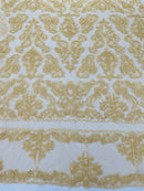 Beaded My Lady Damask Design - Light Gold - Beaded Fancy Damask Embroidered Fabric By Yard