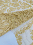 Beaded My Lady Damask Design - Light Gold - Beaded Fancy Damask Embroidered Fabric By Yard