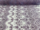 Damask Bead Fabric - Light Lilac - Embroidered Glamorous Fabric with Round Beads Sold By Yard